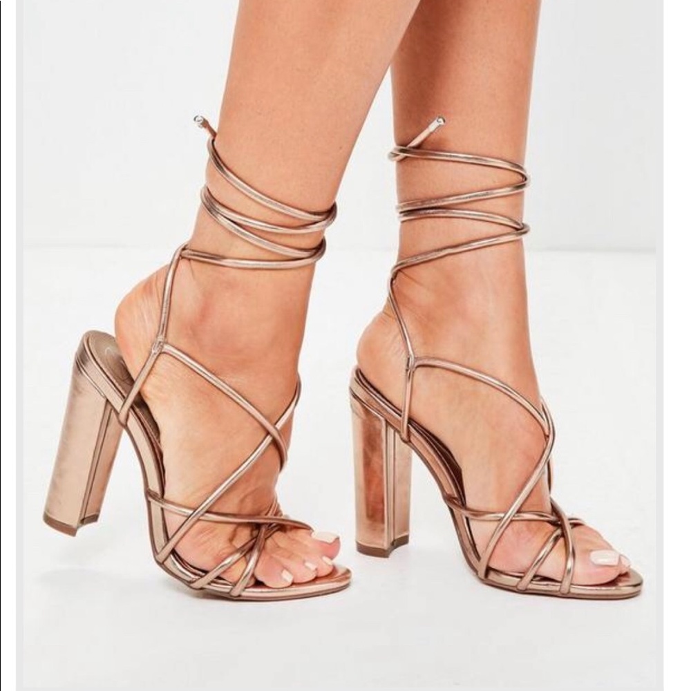 Rose gold multi strap block heeled sandals
